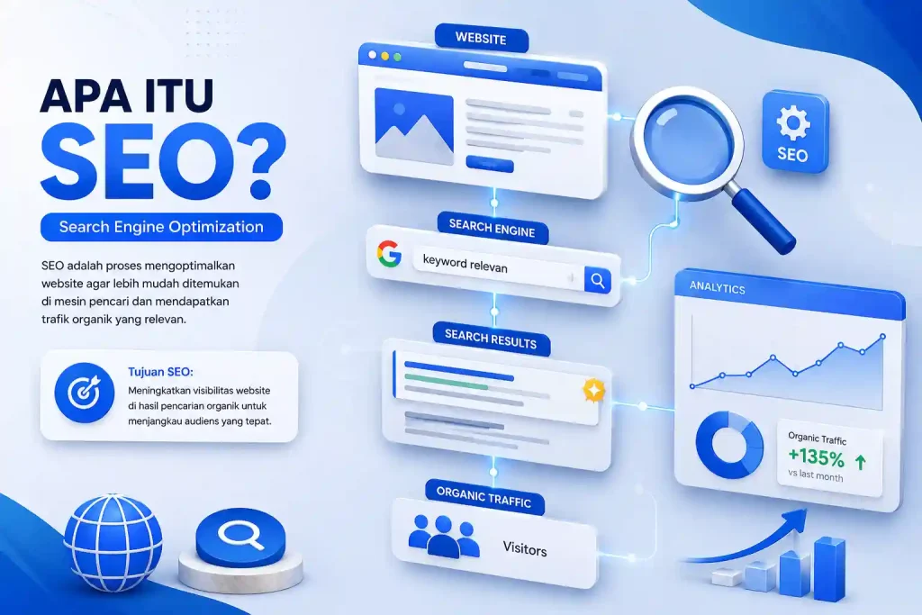 Infografis Search Engine Optimization (SEO) yang menggambarkan hubungan antara website, mesin pencari, hasil pencarian organik, dan trafik pengunjung.