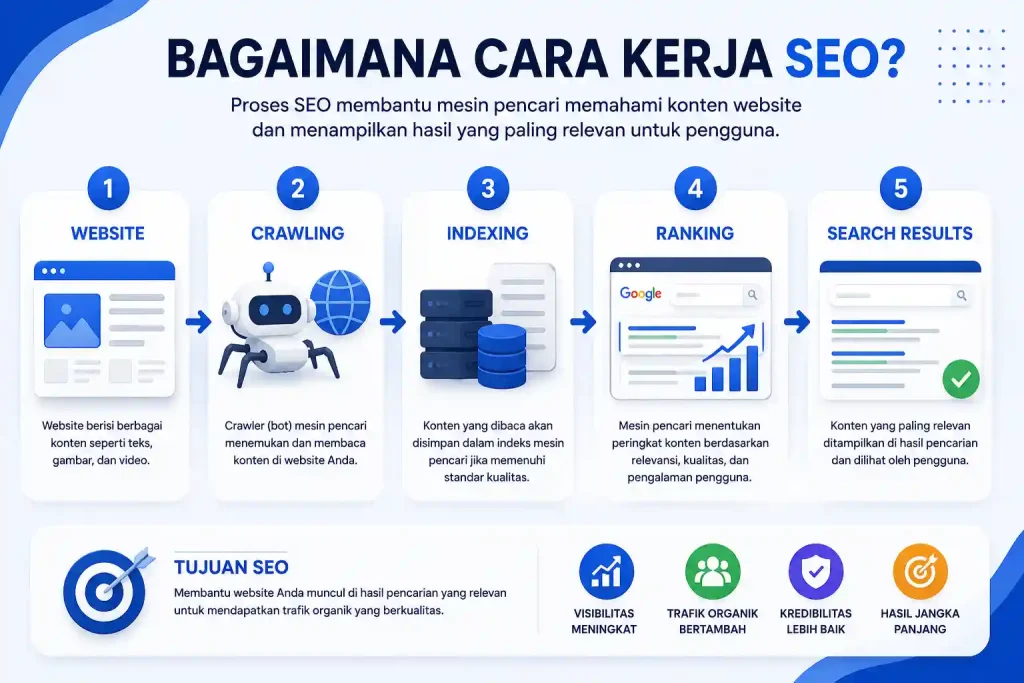 Infografis cara kerja SEO yang menampilkan tahapan crawling, indexing, ranking, hingga website muncul di hasil pencarian Google.