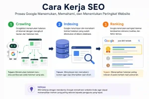 Infografis cara kerja SEO yang menjelaskan tiga tahapan utama, yaitu crawling, indexing, dan ranking untuk membantu Google menemukan, memahami, serta menentukan peringkat website pada hasil pencarian.