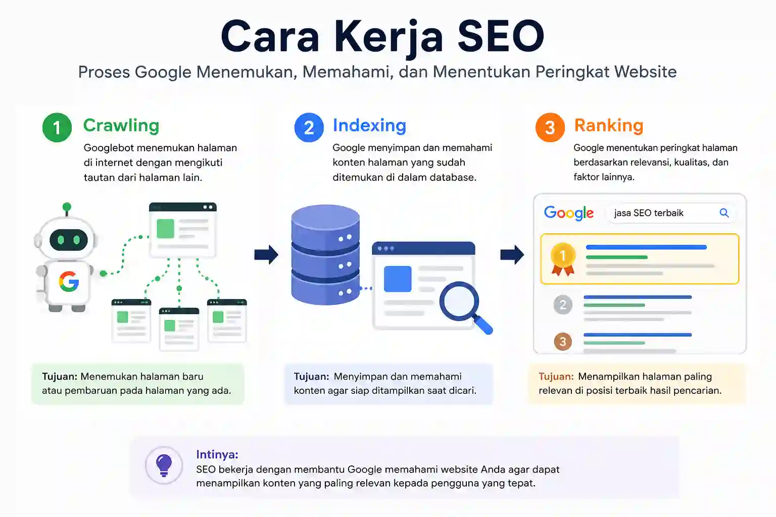 Infografis cara kerja SEO yang menjelaskan tiga tahapan utama, yaitu crawling, indexing, dan ranking untuk membantu Google menemukan, memahami, serta menentukan peringkat website pada hasil pencarian.