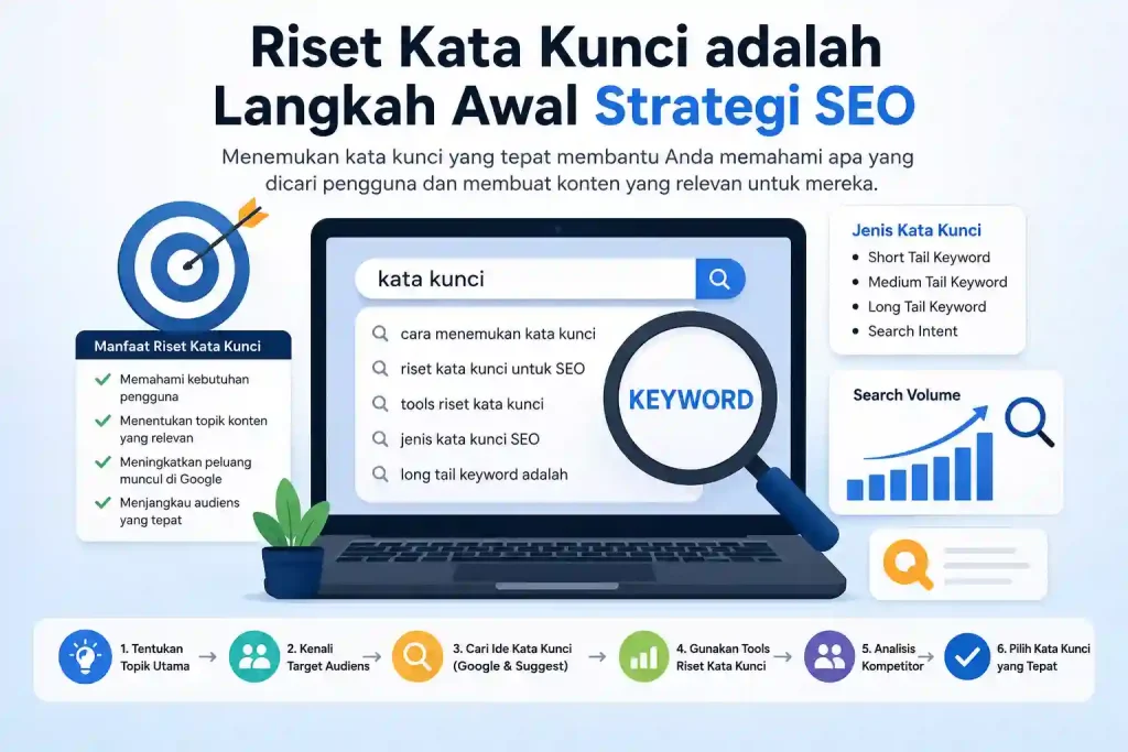 Ilustrasi proses riset kata kunci (keyword research) untuk memahami pencarian pengguna di Google.
