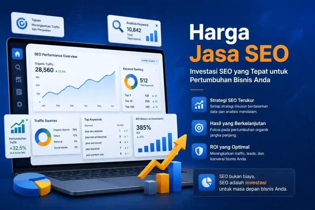 Harga jasa SEO untuk website dengan dashboard SEO, analisis keyword, grafik trafik organik, dan ROI bisnis.