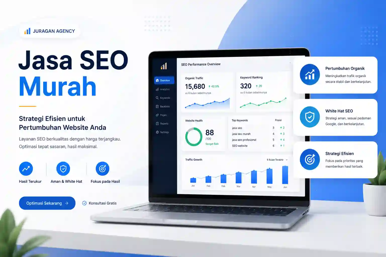 Jasa SEO murah berkualitas dengan dashboard SEO modern, monitoring website, dan pertumbuhan trafik organik.
