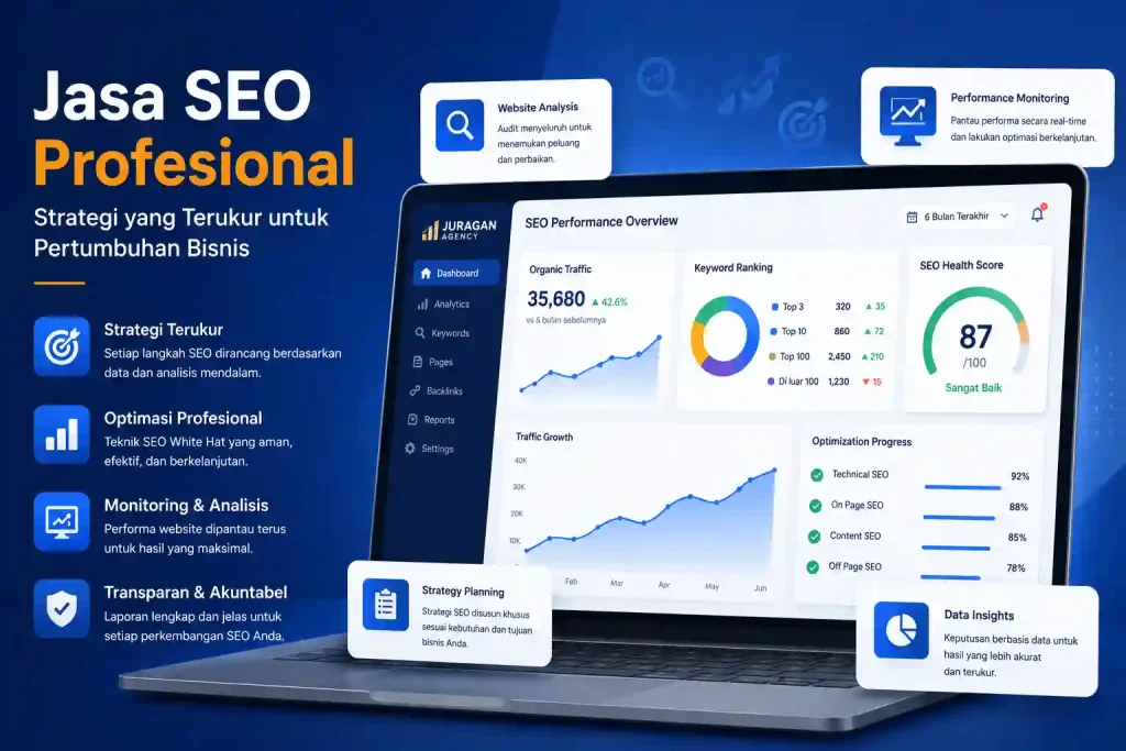 Jasa SEO profesional dengan dashboard SEO modern, analisis website, keyword ranking, dan monitoring performa bisnis.