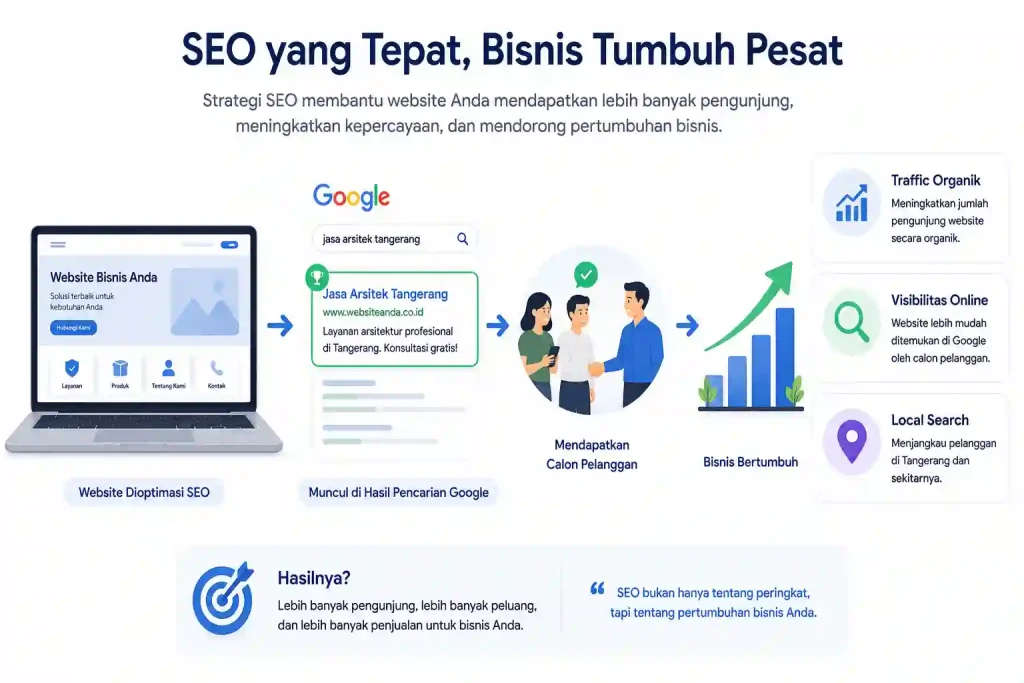 Ilustrasi Jasa SEO Tangerang yang menunjukkan hubungan antara optimasi website, visibilitas di Google, peningkatan trafik organik, dan pertumbuhan bisnis.